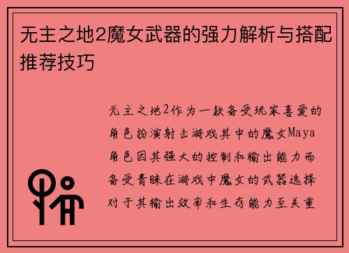 无主之地2魔女武器的强力解析与搭配推荐技巧